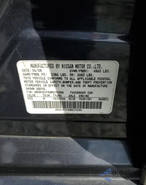 2008 Infiniti G35 z USA, uszkodzony, nr VIN JNKBV61F58M270294